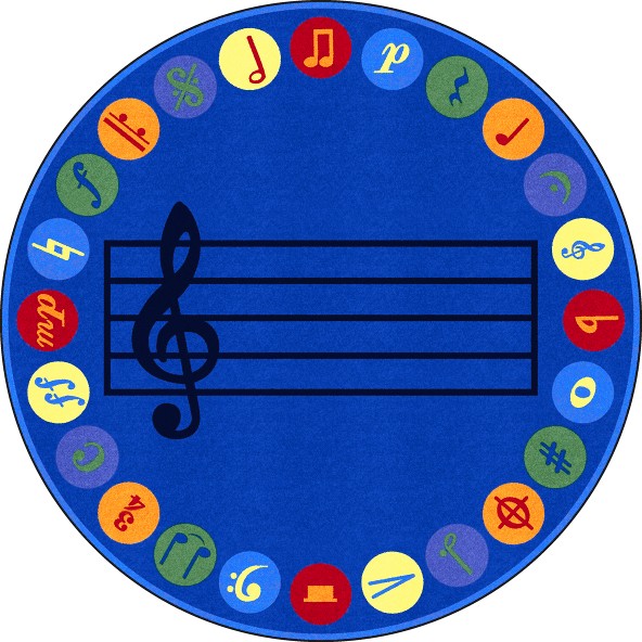 Round blue music rug with notes 