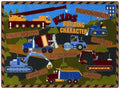A kids rug with a construction theme that displays different words for building character.