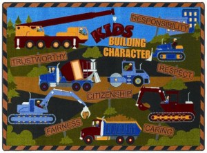A kids rug with a construction theme that displays different words for building character.