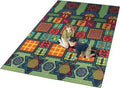 two kids playing on a large rug with hopscotch, checkers, tic-tac-toe, chinese checkers, and chess boards.
