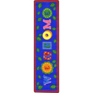 A runner type classroom kids rug that says "Welcome"