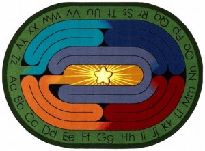 A child rug with alphabet in upper and lower case around the edge and a maze in the center