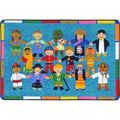 An oval kids rug with children of all cultures holding hands around the world.