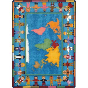 A rectangle kids rug with children of all cultures holding hands around the world.