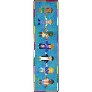 A rectangle kids rug with children of all cultures holding hands around the world.