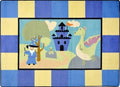A baby rug with a whimsical wizard, dragon and castle.