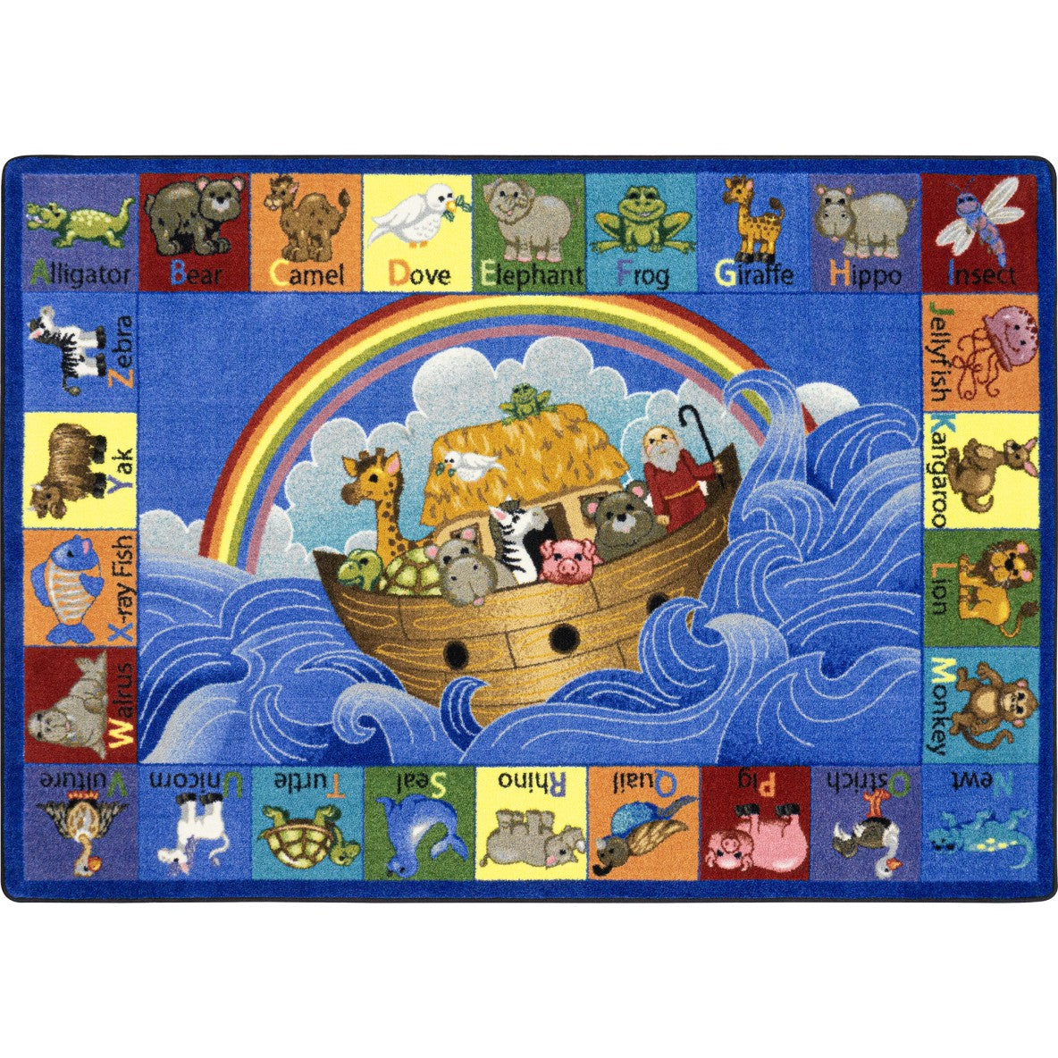 Noah's Ark rug with colorful border and alphabet letters on a blue background
