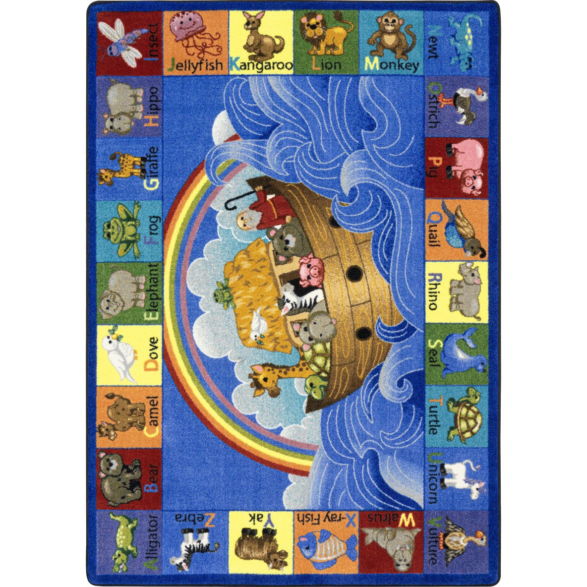 Children's rug with Noah's Ark design and animal illustrations on a blue background