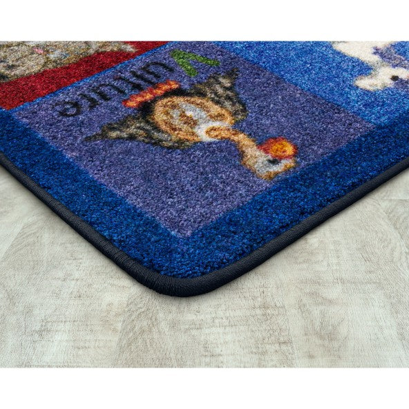 Decorative rug with cartoon character design on a textured surface