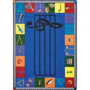 A rectangle blue music rug with a music bar in the center and instruments around the edge.