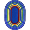 Oval-shaped rug with concentric colorful rings on a white background