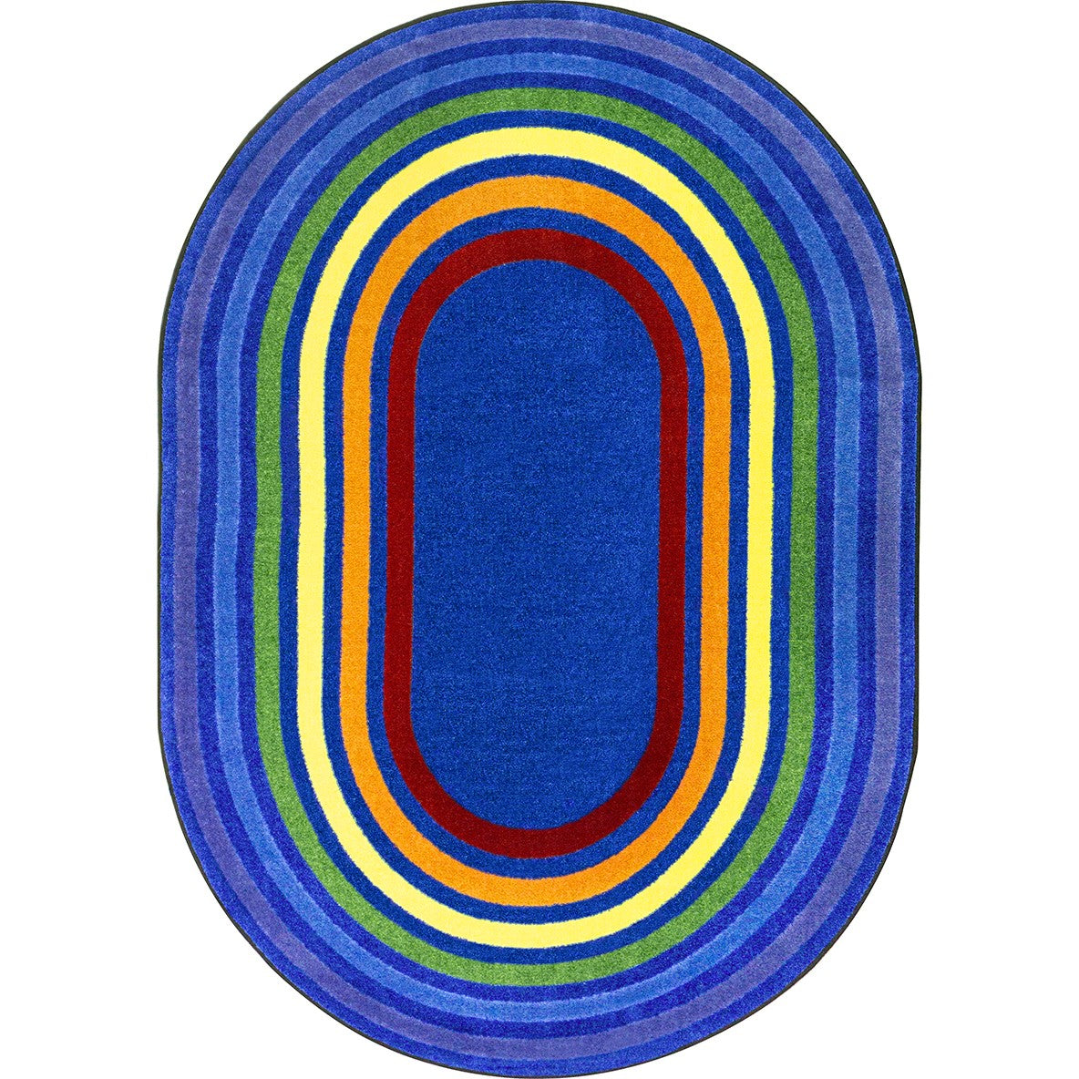 Oval-shaped rug with concentric colorful rings on a white background
