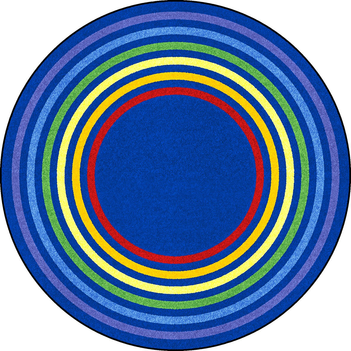 Round rug with concentric colorful rings on a white background