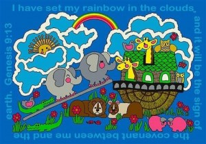 A faith based baby rug of animals on a boat. A fun whimsical version of noah's ark.