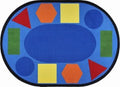 An oval classroom seating rug with fun shapes in different colors around the edge of the rug.