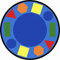 A classroom seating rug with fun shapes in different colors around the edge of the rug.
