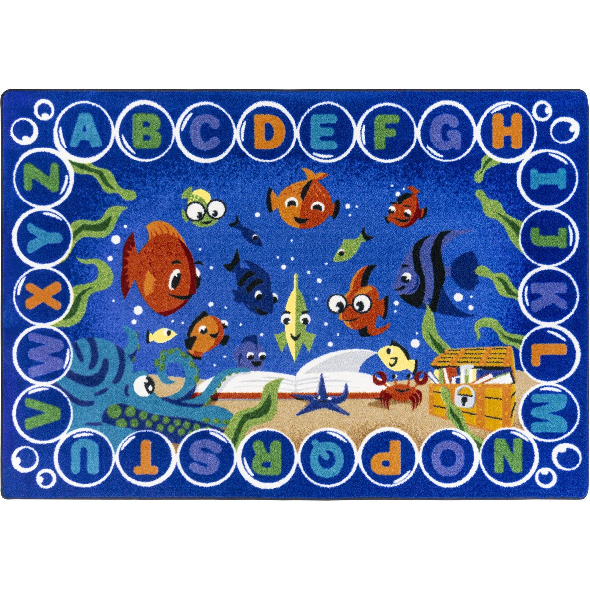 Children's rug with underwater theme, alphabet letters, and cartoon fish on a blue background.