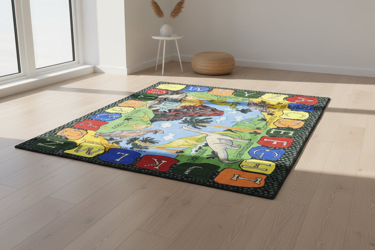 Children's alphabet rug with colorful letters and dinosaur illustrations on a black border.
